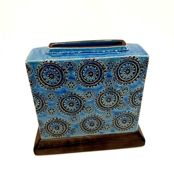 Rectangular Floral Vase Blue Ceramic Glazed 8" x 8" Square Centerpiece Home Deco - Picture 3 of 9